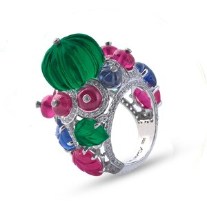 Pierścionek koktajlowy dla kobiet Zielony melon Rzeźbione kolorowe kamienie 925 srebro Sprawdź Fine Handmade CZ Royal Party Wear | ADASTRA JEWELRY