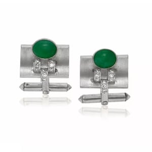 Beautiful Cabochon Synthetic Emerald Statement Cufflinks 925 Sterling Silver Handmade Jewelry