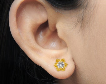 Diamond Floral Stud Earrings, Minimalist Jewelry, Dainty Earrings, Wedding Gift Handmade Jewelry  | Adastra Jewelry