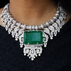 Vintage Style 100ct Necklace For Women 925 Sterling Silver Synthetic Emerald Gemstone Jewelry CZ Statement Necklace Adastra Jewelry