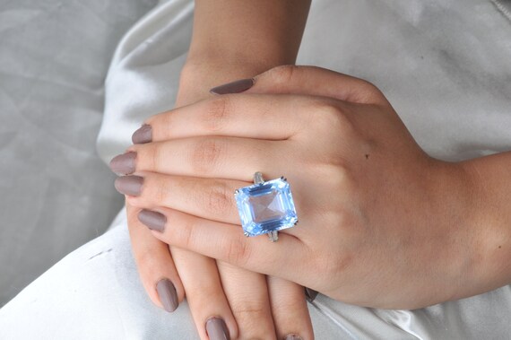 Three Stone Ring for Women Aquamarine Square Asscher Cut Baguette