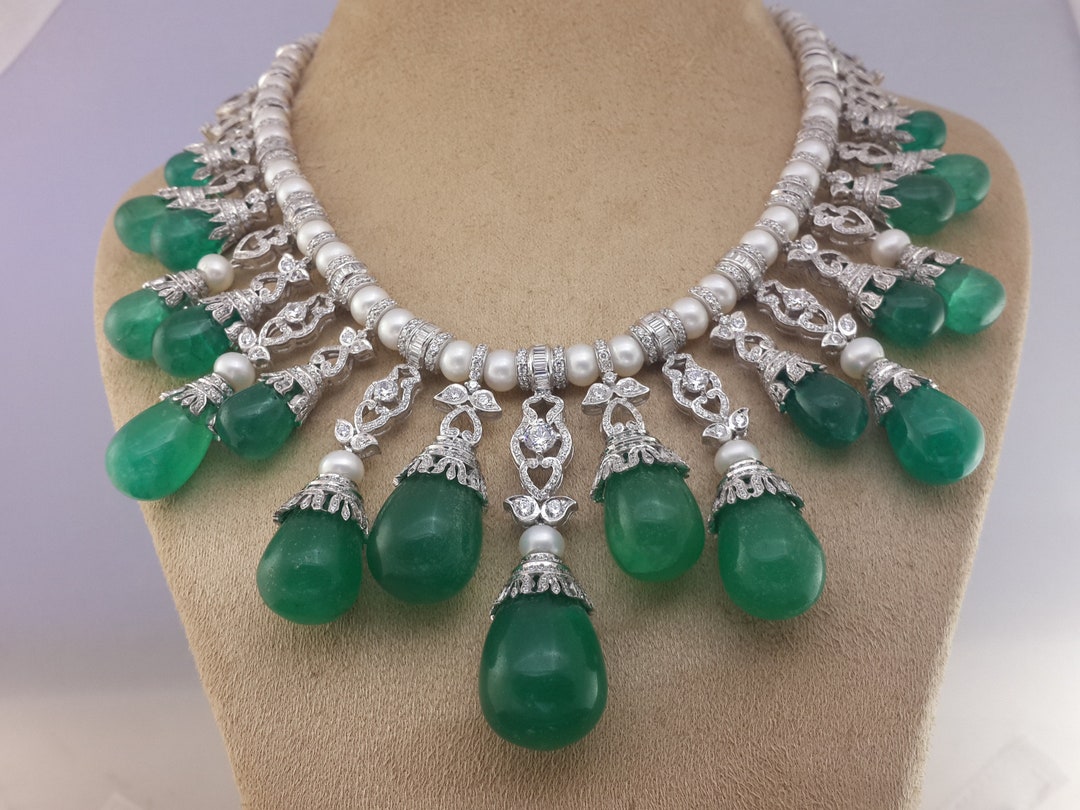 Statement Necklace for Women 925 Sterling Silver Green Tassel Pearl