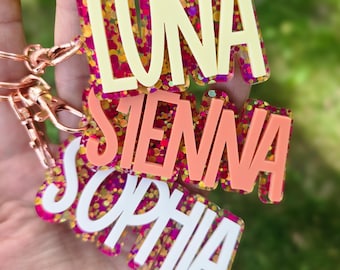 Name Keychain, Backpack Name Tags, Diaper Bag Tag, Personalized Name Plate, Custom Acrylic Key Chain, School Bag Name Tag, Bogg Bag Tag