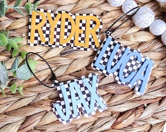 Personalized Bookbag Tag, Checkered Keychain, Acrylic Name Tag, Diaper Bag Tag, Kids Luggage Tag, Custom Name Tag, Kids Name Keychain