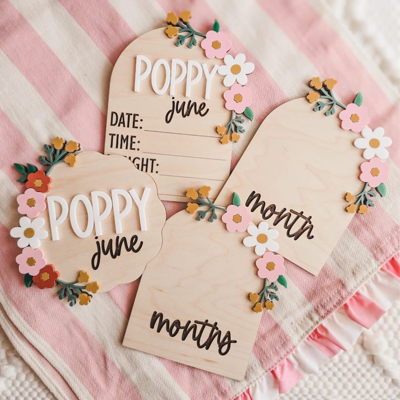 Custom Baby Name Birth Announcement Sign, Floral 3D Wooden Newborn Stat ...