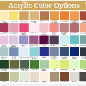 以下が含まれることがあります： Acrylic Color Optionsというタイトルのカラーチャートで、様々な正方形のカラー見本がグリッド状に並び、それぞれの下にラベルが付いています。チャートには、黄色、オレンジ、赤、ピンク、紫、青、緑、茶色、灰色、黒、白の色合いが含まれています。