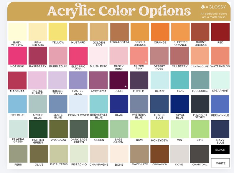以下が含まれることがあります： Acrylic Color Optionsというタイトルのカラーチャートで、様々な正方形のカラー見本がグリッド状に並び、それぞれの下にラベルが付いています。チャートには、黄色、オレンジ、赤、ピンク、紫、青、緑、茶色、灰色、黒、白の色合いが含まれています。