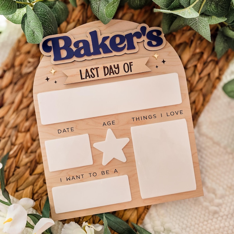 May include: Wooden sign with the text "Baker's LAST DAY OF" in navy blue and white. The sign has spaces for "DATE", "AGE", "THINGS I LOVE", and "I WANT TO BE A". A star-shaped cutout is also included.