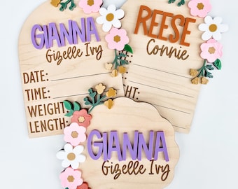 Letrero personalizado para anunciar el nacimiento del bebé, letrero floral 3D de madera para recién nacidos, letrero para revelar el nombre del bebé en el hospital, decoración de guardería con flores silvestres.