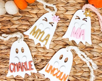 Personalized Acrylic Ghost Basket Tag: Halloween Trick or Treat Boo Bag