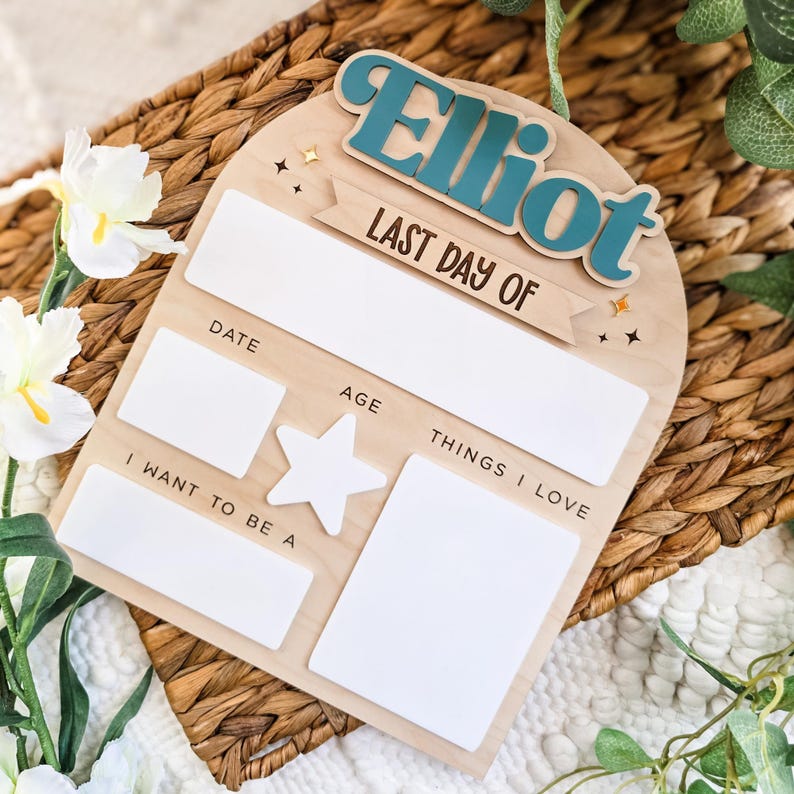May include: Wooden sign with the name "Elliot" in teal letters. The sign includes spaces for "Date", "Age", "Things I Love", and "I Want to Be A". It has a star-shaped cutout and is decorated with small star accents.