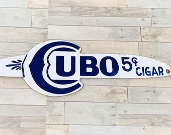 Vintage CUBO Porcelanowy szyld na cygara 5 centów, reklama tytoniu, olej napędowy, dekoracja, palenie, 13" x 4"