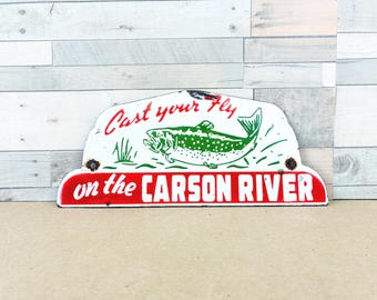 Vintage Porcelain Fishing Sign Carson River Trout Cabin Lake Decor 8"x3.5"