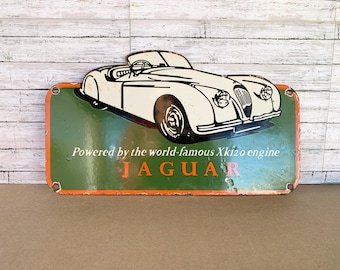 Vintage Jaguar Porcelain Sign • XK120 Engine Metal Enamel Sign • Retro Car Garage Decor • Auto Collectible • Free Priority Shipping