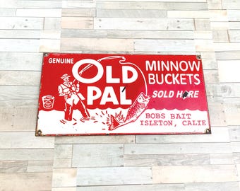 Stare, zabytkowe wiaderka Pal Minnow z porcelany, znak wędkarski, reklama, dekoracja