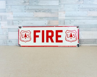 Vintage US Forest Service FIRE Porcelain Sign – Rustic Enamel Wildland Firefighter Collectible – 12x4.75