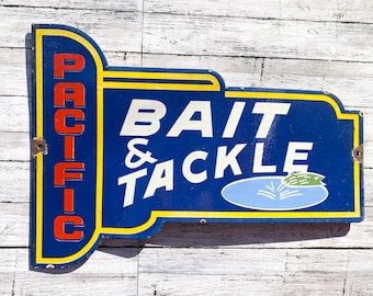 Vintage Pacific Bait & Tackle Porcelain Sign • Old Fishing Store Metal Sign • 12x8.5 Wall Decor • Retro Outdoor Advertising