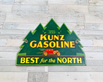Letrero de porcelana vintage Kunz Gasoline, ideal para el norte. Petroliana Decor.