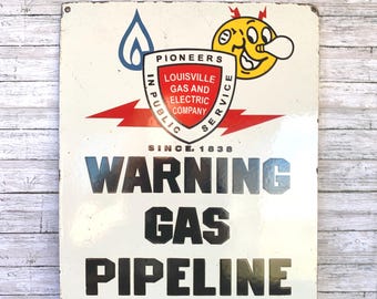 Letrero de porcelana vintage de gasoducto / Louisville Gas Electric / Letrero de advertencia de servicios públicos / Decoración industrial americana / Metal esmaltado de 15 x 12