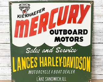 Vintage Mercury Outboard Motors Porcelain Sign | Kiekhaefer Harley-Davidson Dealer Sign | Lake Sandwich IL Gas Oil Marine Collectible