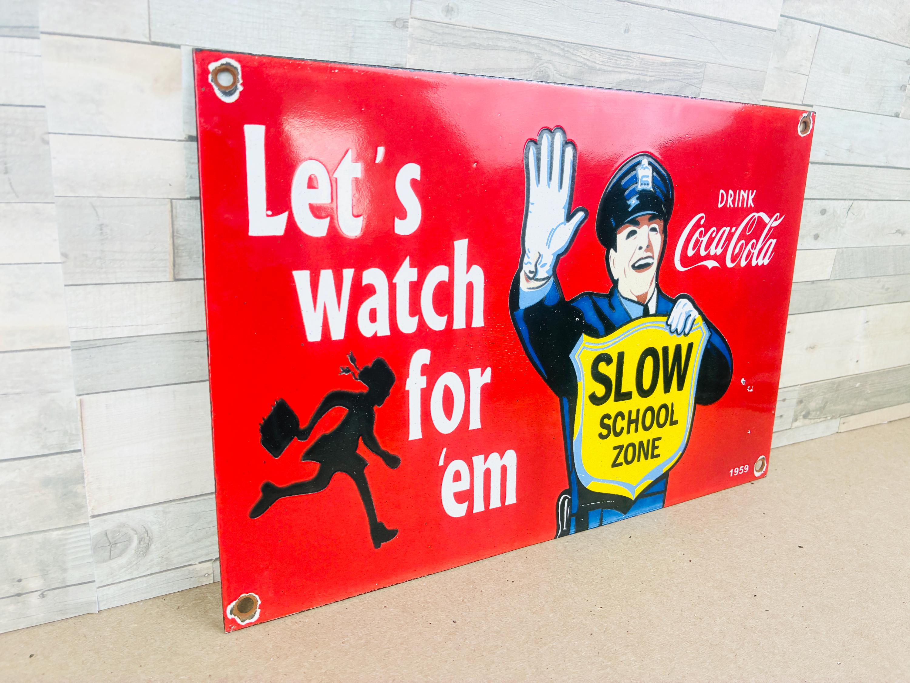 Vintage Coca Cola School Zone Porcelain Sign, 1959 Coke Police