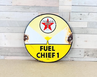 Vintage Texaco Fuel Chief Porcelain Sign Gas Station Garage Advertising Decor