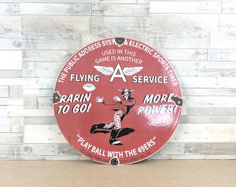 1952 Flying A Service Porcelain Sign Gas Oil Football Sports Garage Decor