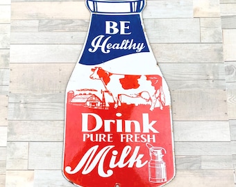 Vintage BE Zdrowy napój mleczny Porcelanowa butelka na mleko Znak Farma Mleczarnia Reklama Retro Wystrój Kuchni