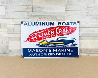 Vintage Feather Craft Aluminum Boats Porcelain Sign Marine Dealer Garage Decor