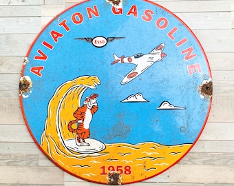 Vintage Esso Aviation Gasoline Porcelain Sign 1958 Airplane Oil Round Decor 12"