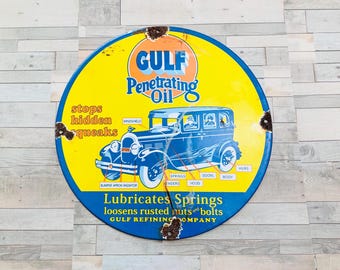 Vintage Gulf Oil Porcelain Sign Round Garage Decor Gas Station Advertising
