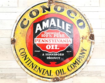 Vintage 12" Conoco Amalie Porcelain Sign Motor Oil Gas Station Round Garage Decor