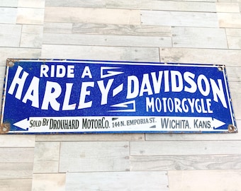 Vintage Harley Davidson Porcelain Sign, reklama sprzedawcy motocykli, 12"x4"