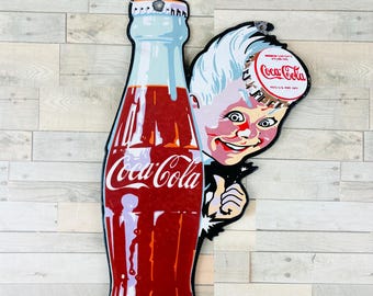 Coca-Cola Sprite Boy Porcelain Sign Vintage Style Soda Bottle Gas Station Advertising Decor