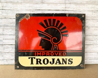 Vintage Improved Trojans Porcelain Sign | Retro Trojan Helmet Metal Advertising | Industrial Wall Art | 13x10.5 | Free Priority Shipping