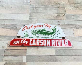 Letrero de porcelana vintage para pesca, decoración de cabaña de trucha del río Carson, 8"x3.5"