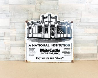Vintage White Castle Porcelain Sign | Americana Restaurant Advertising | Diner Wall Decor | Enamel Metal Sign | 11.5 x 12