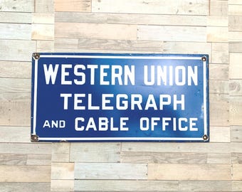 Vintage Western Union Telegraph Porcelain Sign Office Decor Blue White 12x6