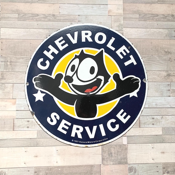 Vintage Chevrolet Service Porcelain Sign: Felix the Cat Garage