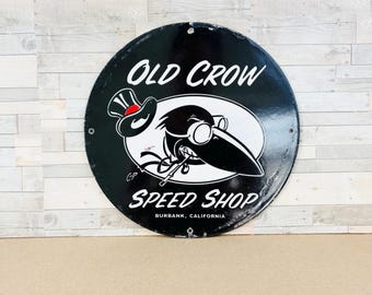 Old Crow Speed Shop Porcelain Sign Vintage Hot Rod Garage Decor