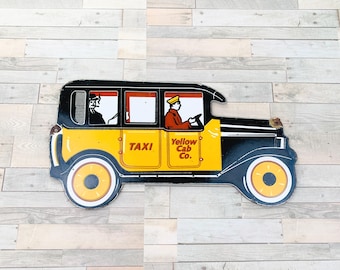 Porcelanowy szyld taksówki Vintage Yellow Cab Co. • Reklama na benzynę i olej samochodowy • Wystrój garażu w stylu antycznym