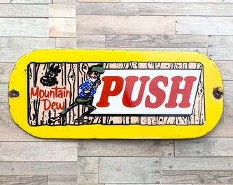 Vintage Mountain Dew Porcelain Sign | 1961 Hillbilly Graphics, 12x8 Wall Decor