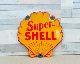 Vintage Super Shell Porcelain Sign – Yellow Gas Oil Station Wall Decor 6"x16"