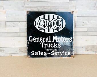 Vintage GMC General Motors Trucks Porcelain Sign | Authorized Sales Service Garage Decor