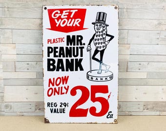 Vintage Mr Peanut Bank Porcelain Sign | Planters Kitchen Wall Decor