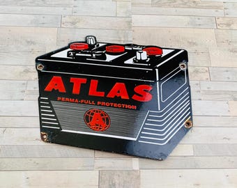 Letrero de porcelana vintage de batería Atlas de 11x8 pulgadas para publicidad y decoración de garajes de gas y petróleo.