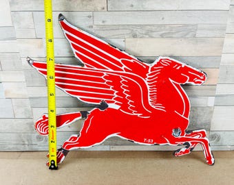 Vintage Mobil Pegasus Porcelain Sign Red Flying Horse Gas Oil Decor | 12x9.5"