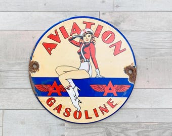Vintage Aviation Gasoline Porcelain Sign 6” Pin Up Girl Oil Gas Decor