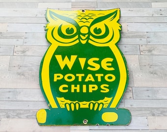 Vintage Wise Potato Chips Porcelanowy Znak Sowa Przekąska Reklama Dekoracja