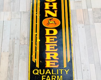 Stary porcelanowy szyld John Deere z napisem „Sprzęt rolniczy, ciągnik”, dekoracja ścienna do garażu, 16” x 6,25”